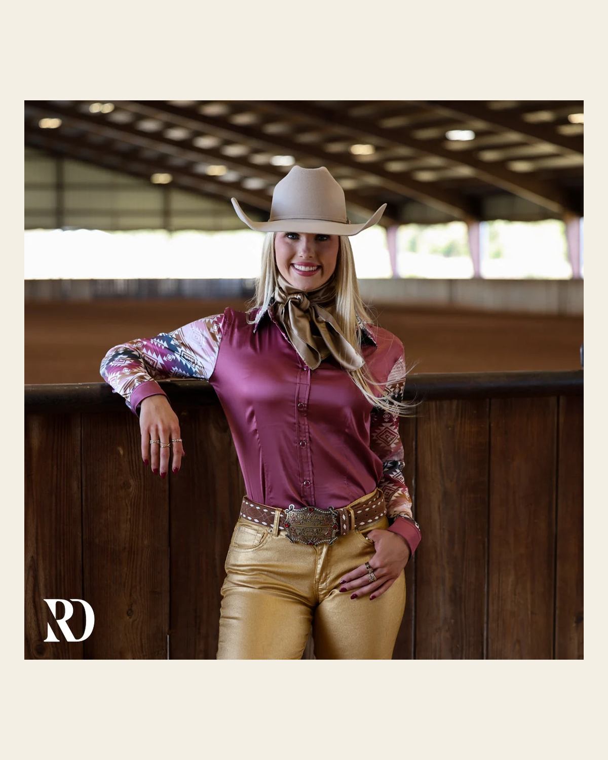 Marianna Aztec Satin Performance Rodeo Shirt on a warm cream background