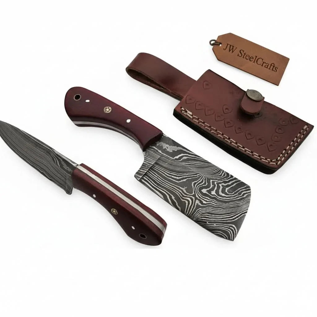 6-Inch Compact Damascus Mini Cleaver — Twisted Pattern Blade, Red Micarta Handle, Mosaic Pin & Tooled Leather Sheath | JW Steel Crafts