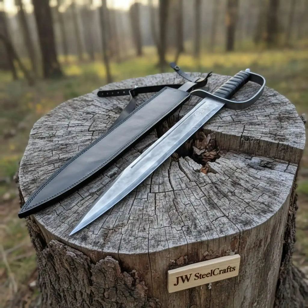 Handmade Medieval Short Sword Acid Washed Steel D-Guard Leather Sheath