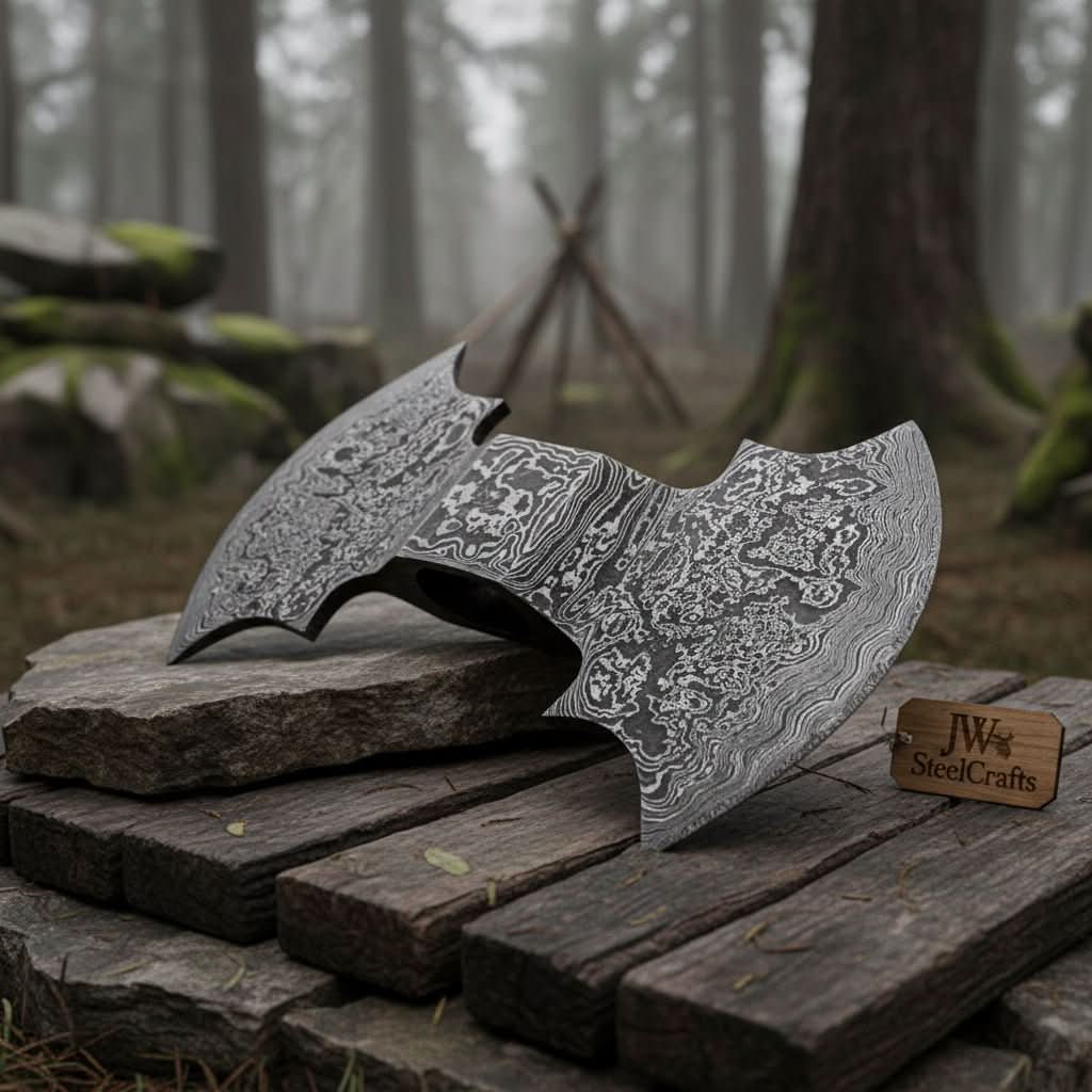 Damascus Double-Bit Axe Head – Fantasy Crescent Pattern