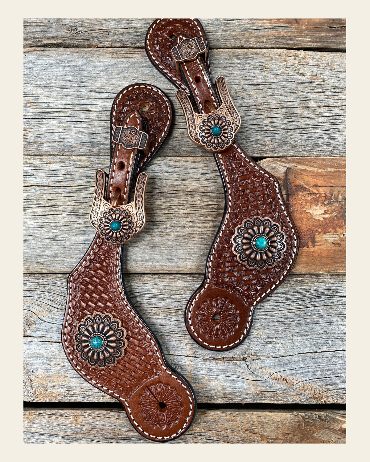Medium Basketweave Spur Straps - Copper Flower Western Conchos #SS113 on a warm cream background