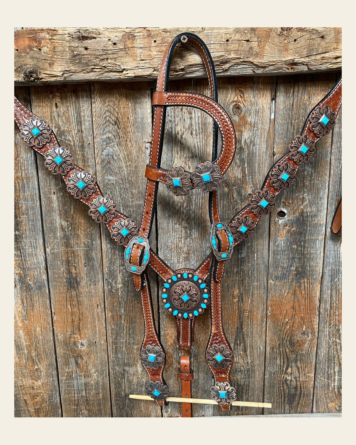 Medium Basketweave Turquoise One Ear & Breastcollar Tack Set #OEBC445 on a warm cream background