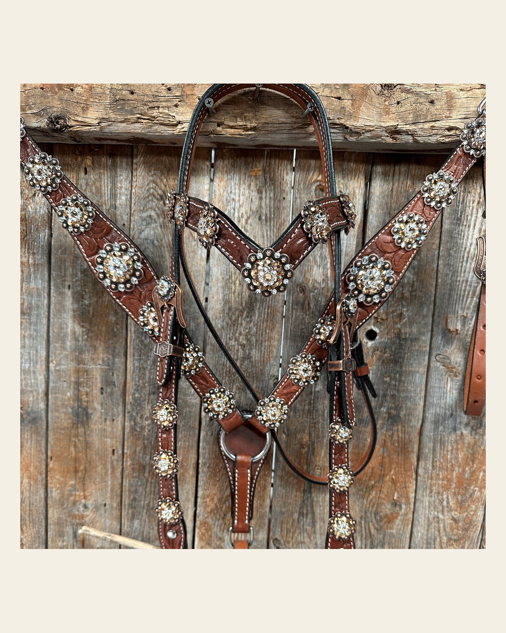 Medium Floral Champagne & Clear Browband / Breastcollar Tack Set #BBBC573 on a warm cream background