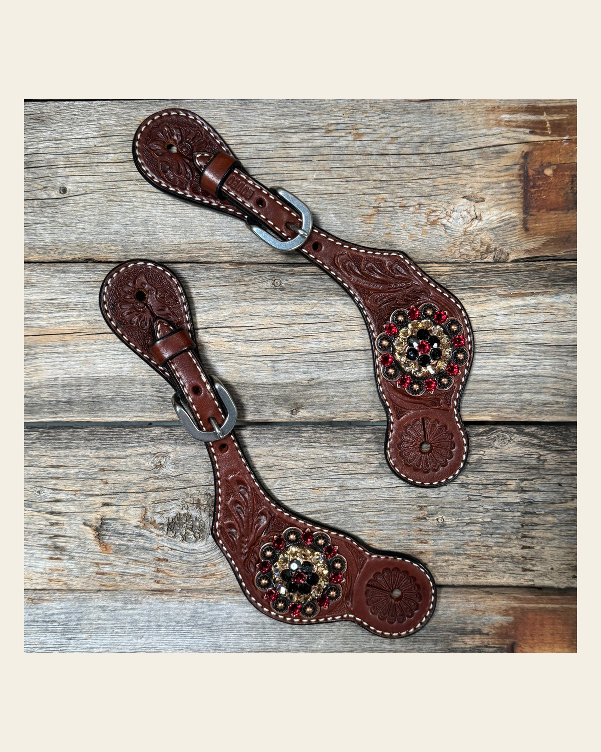 Medium Floral Spur Straps - Copper Crystal Conchos #SS116 on a warm cream background