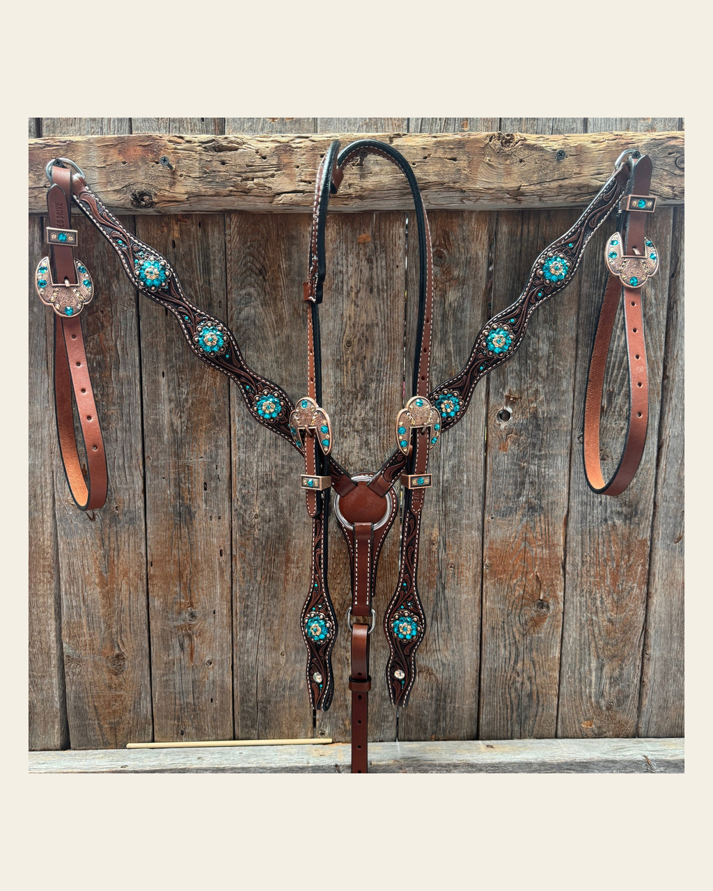 Medium Floral Teal Dot Teal and Champagne One Ear Headstall - Breastcollar Tack Set #OEBC435 on a warm cream background