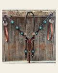 Medium Floral Teal Dot Teal and Champagne One Ear Headstall - Breastcollar Tack Set #OEBC435 on a warm cream background