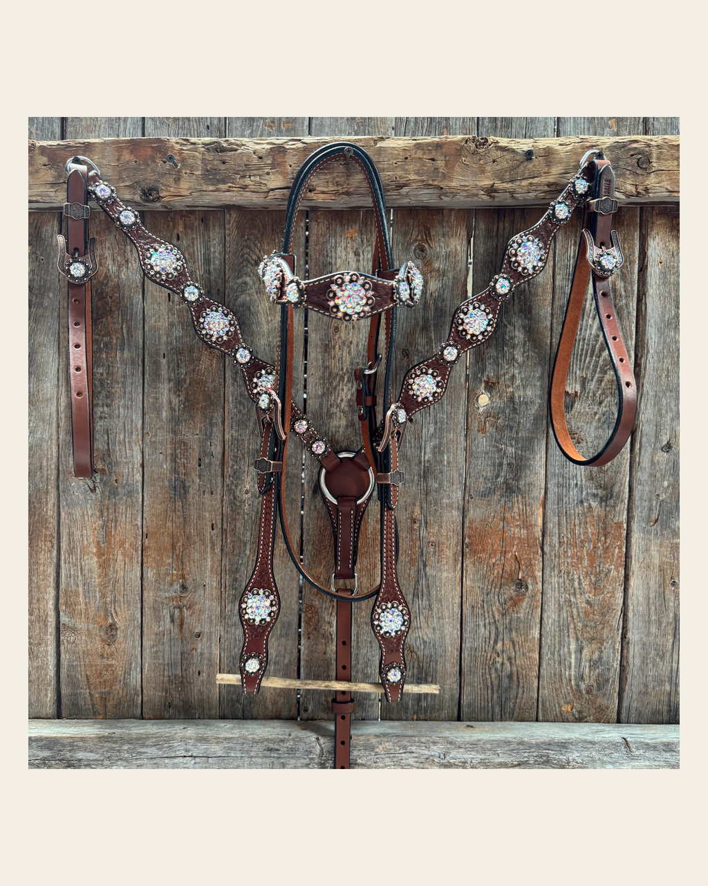Medium Oil Basketweave AB Browband/One Ear Tack Set #BBBC672 on a warm cream background