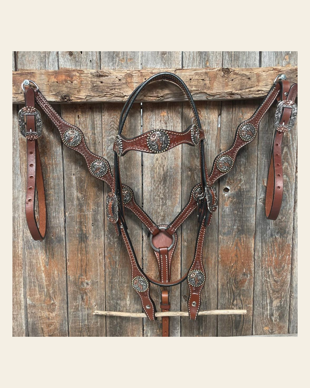 Medium Oil Basketweave Flower and Cactus Browband/One Ear Tack Set #BBBC491 on a warm cream background