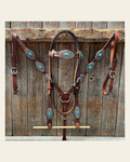 Medium Oil Basketweave Oblong Turquoise Browband | One Ear Tack Set #BBBC504 on a warm cream background
