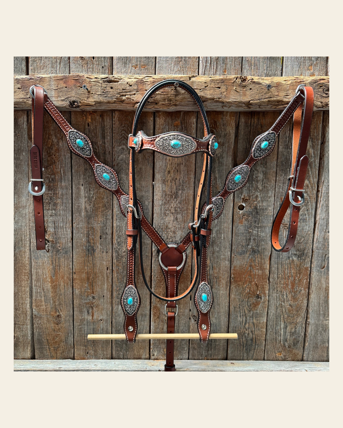 Medium Oil Basketweave Oblong Turquoise Browband | One Ear Tack Set #BBBC504 on a warm cream background