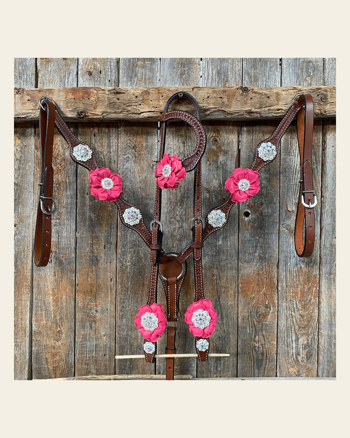 Medium Oil Basketweave Pink & AB One Ear Tack Set #OEBC591 on a warm cream background