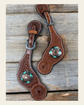Medium Oil Basketweave Spur Straps - Antique Silver Western Conchos #SS102 on a warm cream background