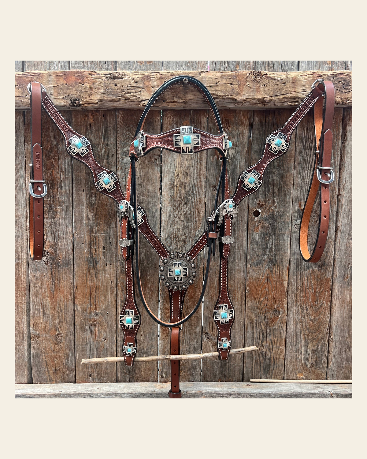 Medium Oil Turquoise Cross Browband/One Ear Headstall Breastcollar Tack Set BBBC1060 on a warm cream background
