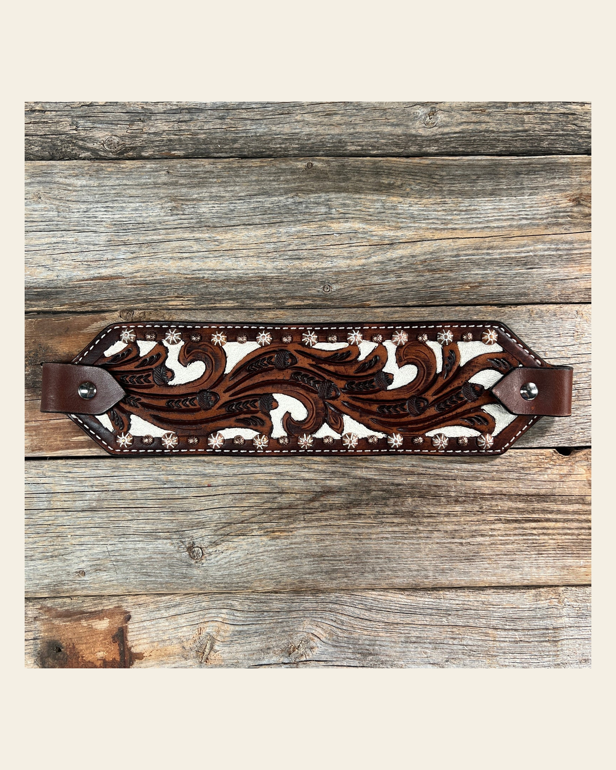 Medium Oil Bronc Noseband With Copper Dots on a warm cream background