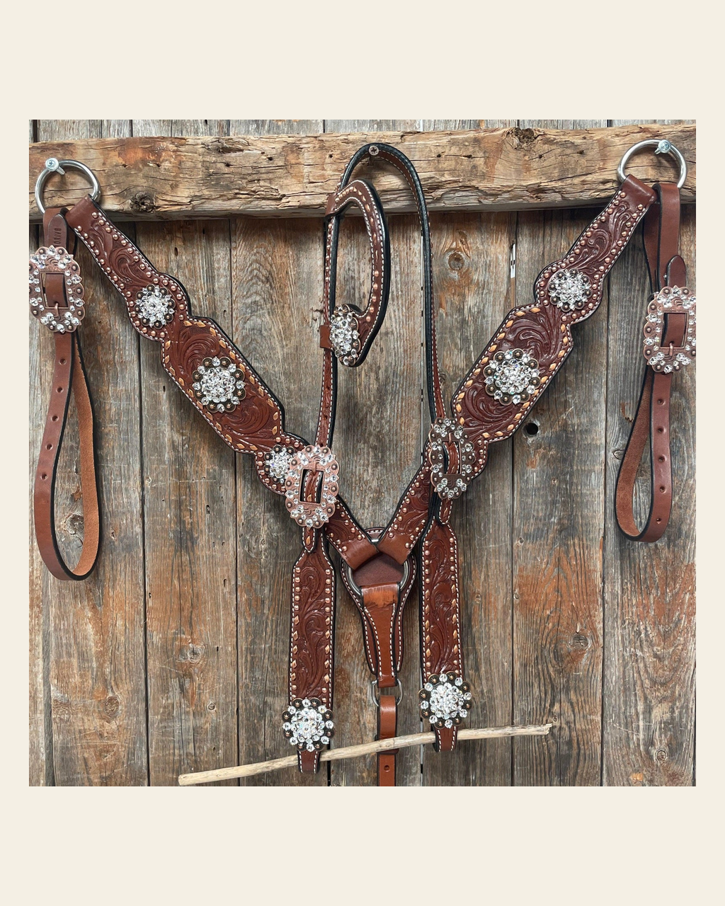 Medium Oil Copper Buckstitch Clear One Ear & Breastcollar Tack Set #OEBC450 on a warm cream background