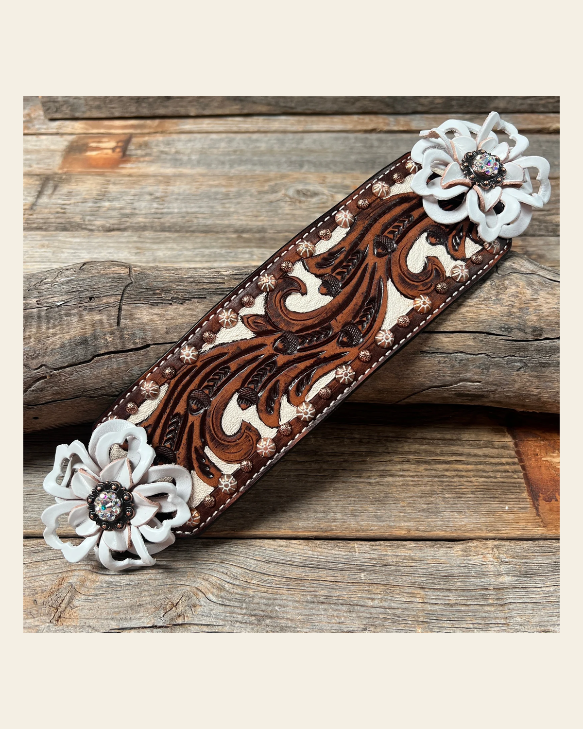 Medium Oil Copper Dot Bronc Noseband with White Lotus Flowers & Copper AB European Crystal Conchos on a warm cream background