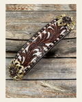 Medium Oil Copper Dot Bronc Noseband with Gold Lotus Flowers - Copper Jet, Champagne and Topaz European Crystal Conchos on a warm cream background
