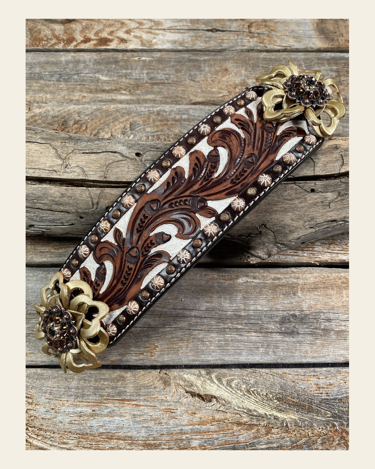 Medium Oil Copper Dot Bronc Noseband with Gold Lotus Flowers - Copper Jet, Champagne and Topaz European Crystal Conchos on a warm cream background