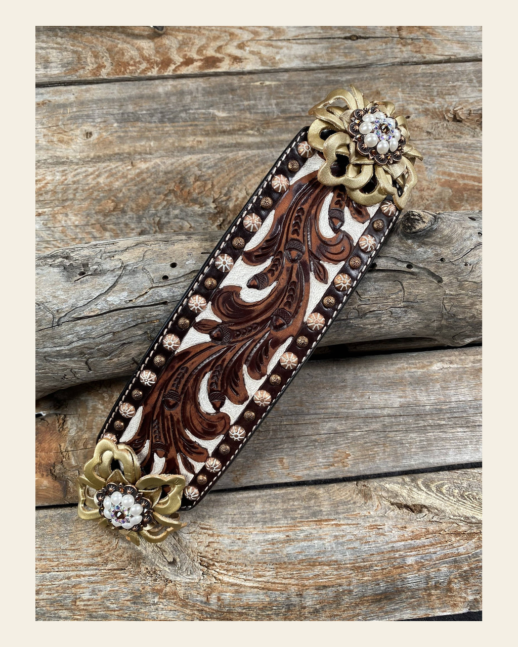 Medium Oil Copper Dot Bronc Noseband with Gold Lotus Flowers / Copper Topaz, AB, Peal European Crystal Conchos on a warm cream background