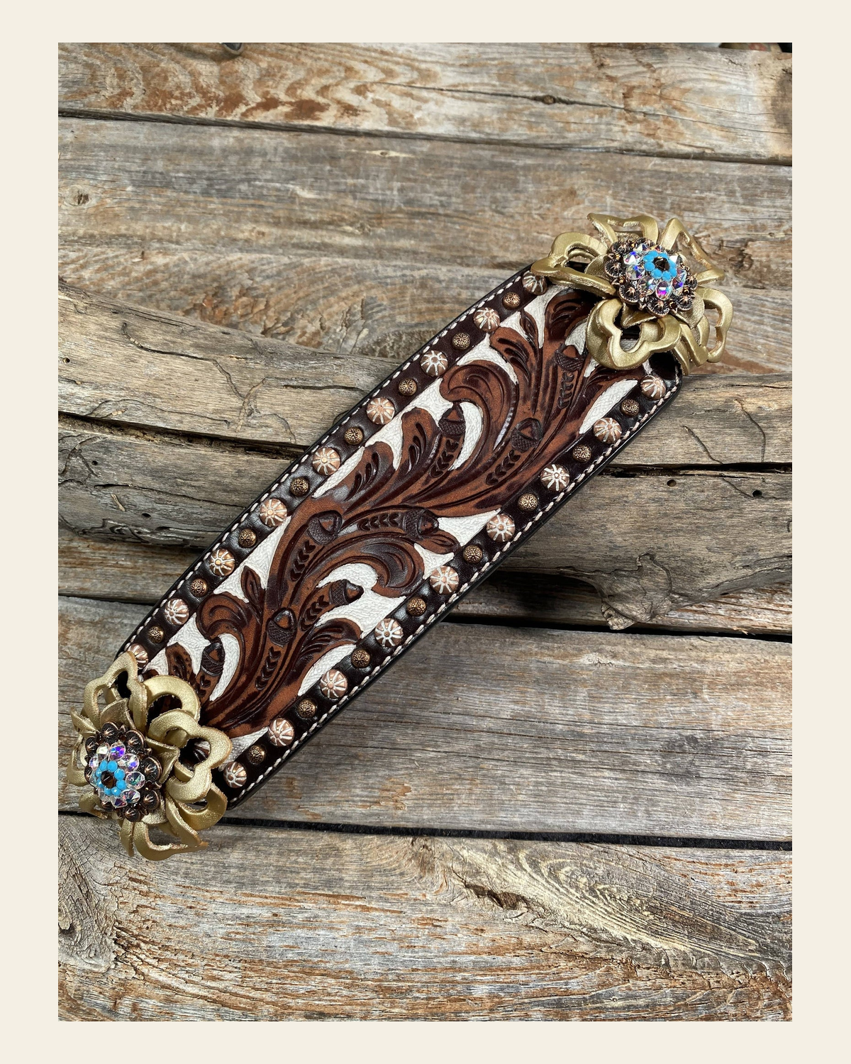 Medium Oil Copper Dot Bronc Noseband with Gold Lotus Flowers / Copper Topaz, Turquoise and AB European Crystal Conchos on a warm cream background