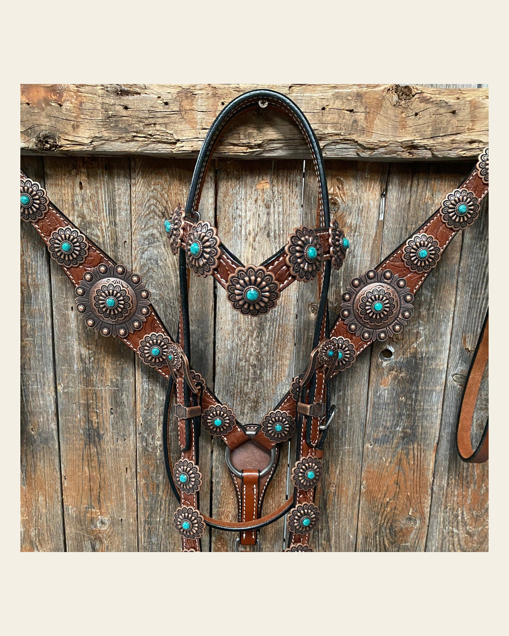 Medium Oil Copper Turquoise Browband Tack Set #BBBC468 on a warm cream background