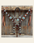 Medium Oil Floral AB - Teal Browband / Breastcollar Tack Set #BBBC496 on a warm cream background