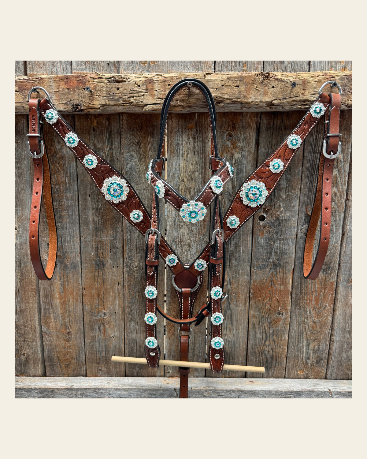 Medium Oil Floral AB - Teal Browband / Breastcollar Tack Set #BBBC496 on a warm cream background