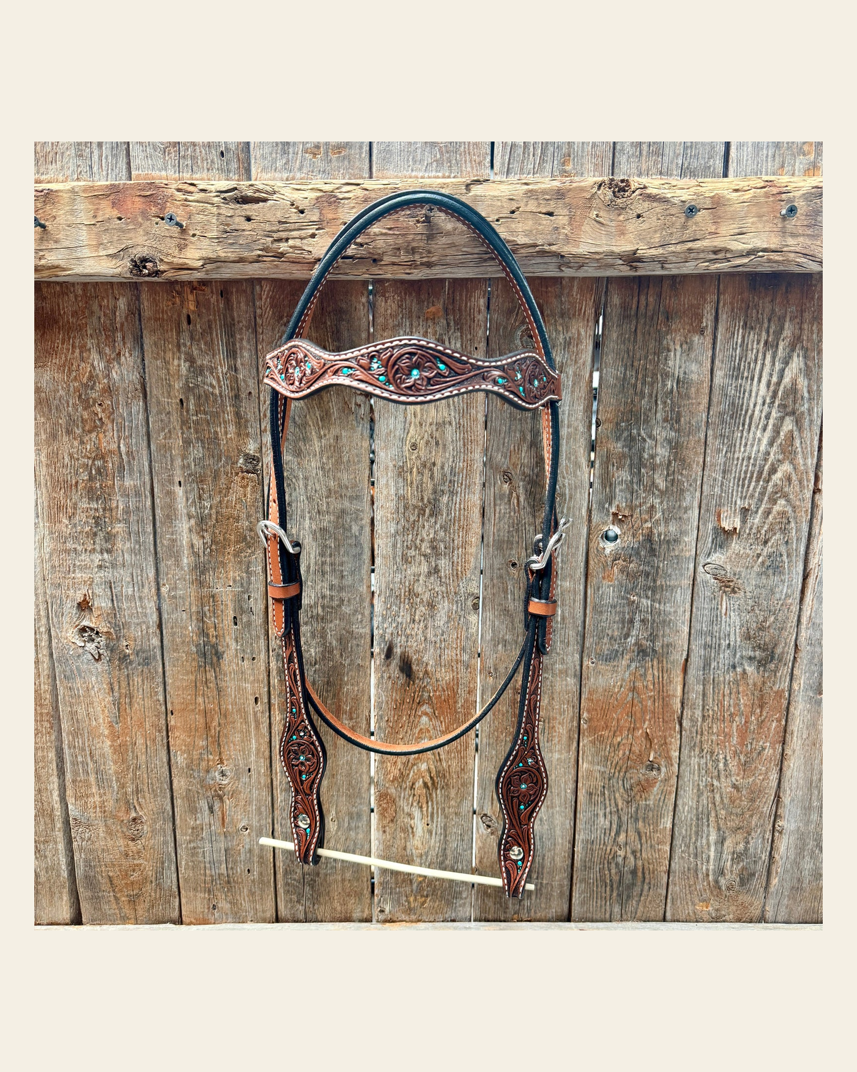 Medium Oil Floral and Teal Dot Browband Headstall / Bridle #24337M on a warm cream background