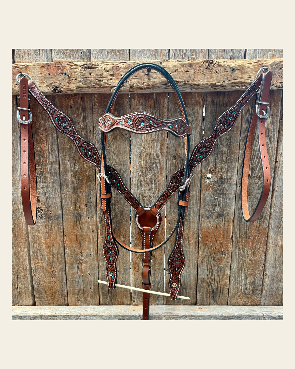 Medium Oil Floral and Teal Dot Browband / One Ear Headstall and Breastcollar Tack Sets on a warm cream background
