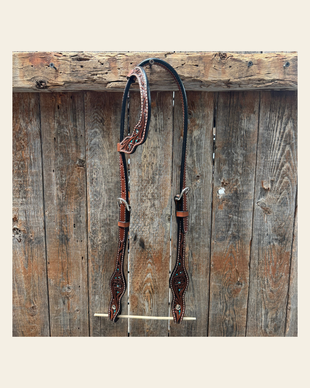Medium Oil Floral and Teal Dot One Ear Headstall / Bridle #24338M on a warm cream background