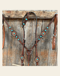 Medium Oil Floral Rosettes and Turquoise One Ear/ Breastcollar Tack Set #OEBC566 on a warm cream background