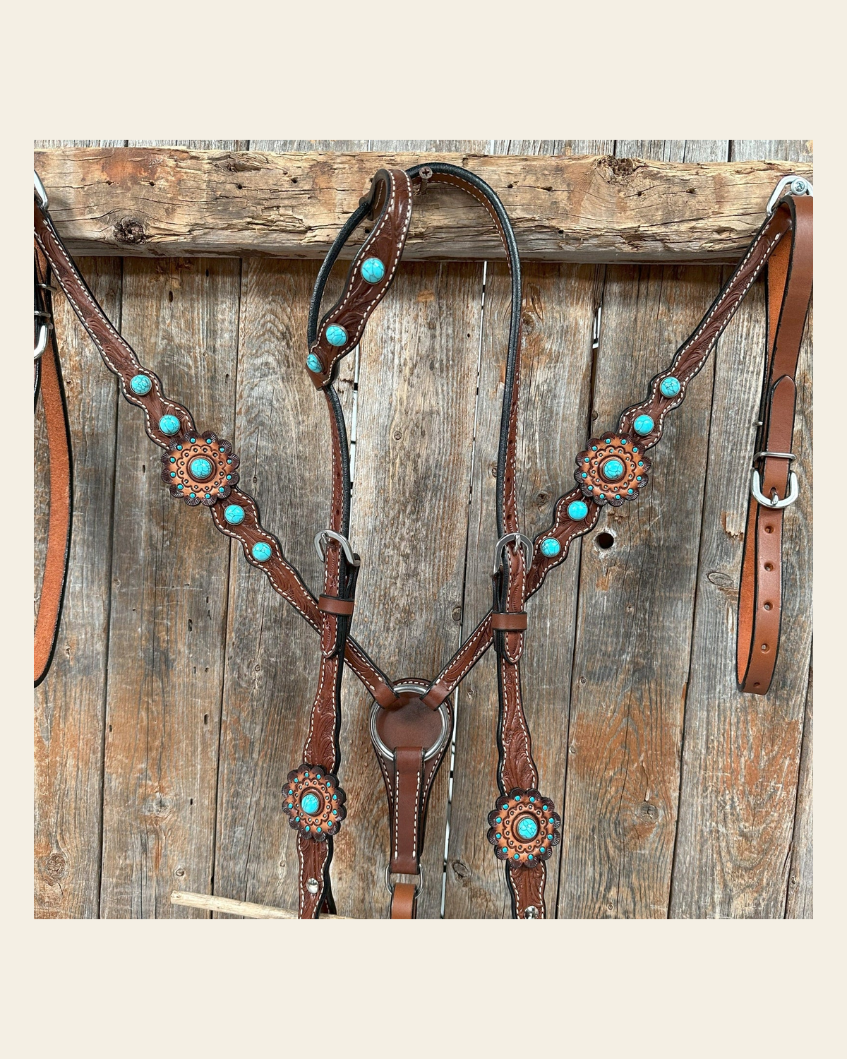 Medium Oil Floral Rosettes and Turquoise One Ear/ Breastcollar Tack Set #OEBC566 on a warm cream background