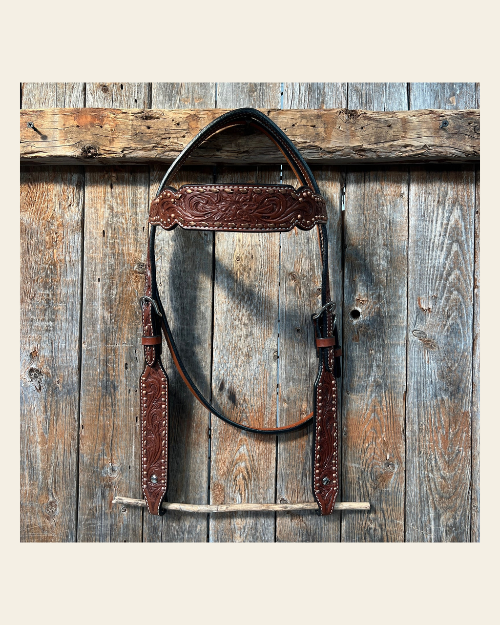 Medium Oil Floral Tooled Copper Buckstitching & Dots Browband Headstall / Bridle on a warm cream background