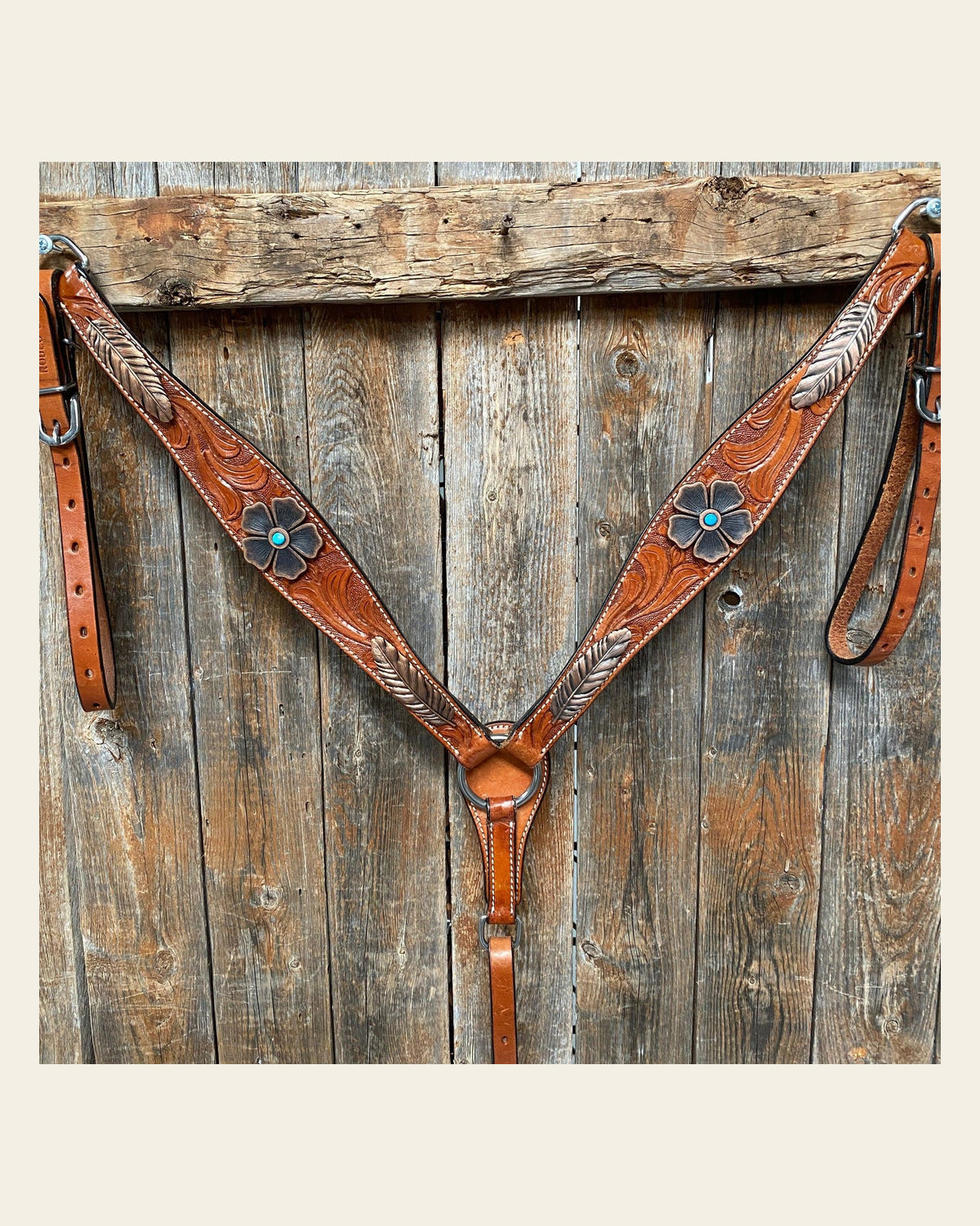 Light Oil Floral Tooled Feather and Flower Breastcollar#BC1052 on a warm cream background