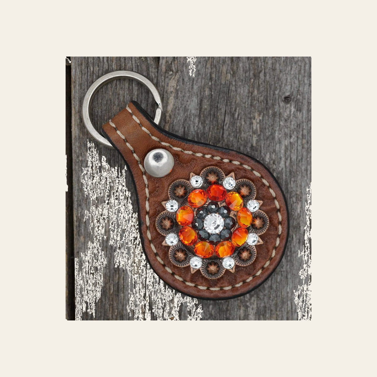 Medium Oil Key Chain with Orange and Jet European Crystal Concho