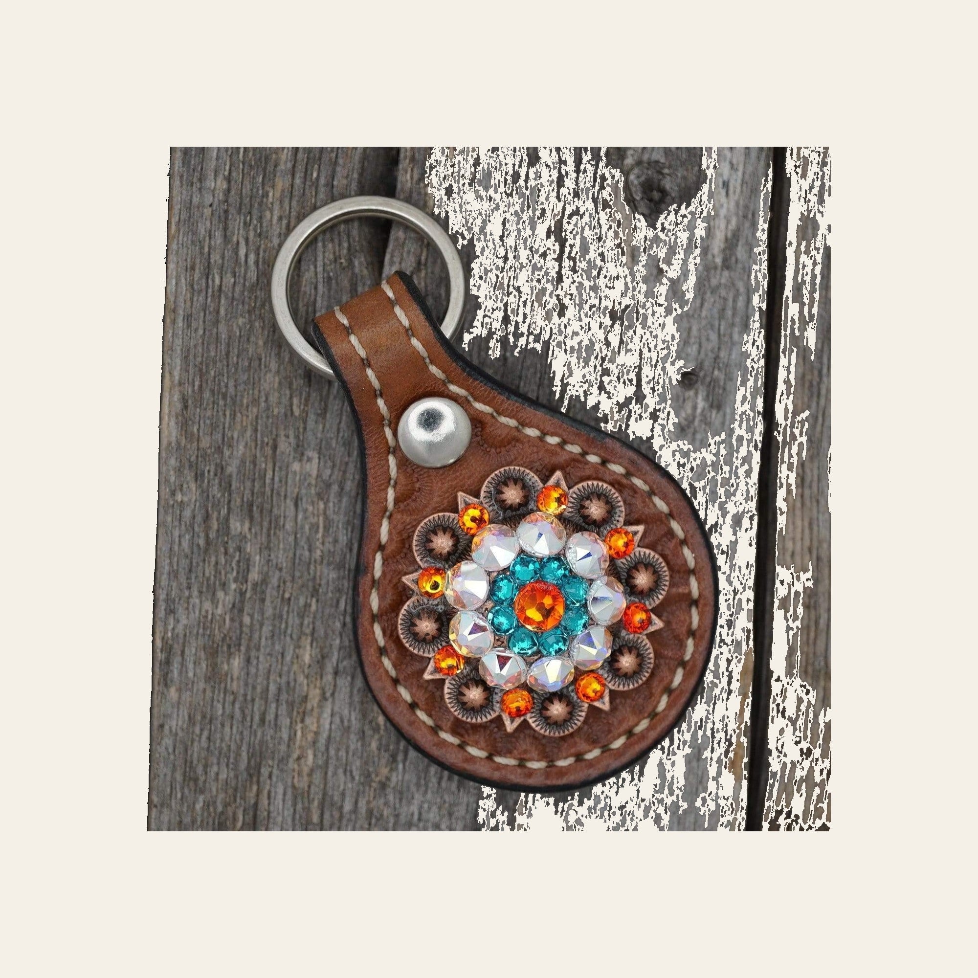 Medium Oil Key Chain with Orange European Crystal Concho