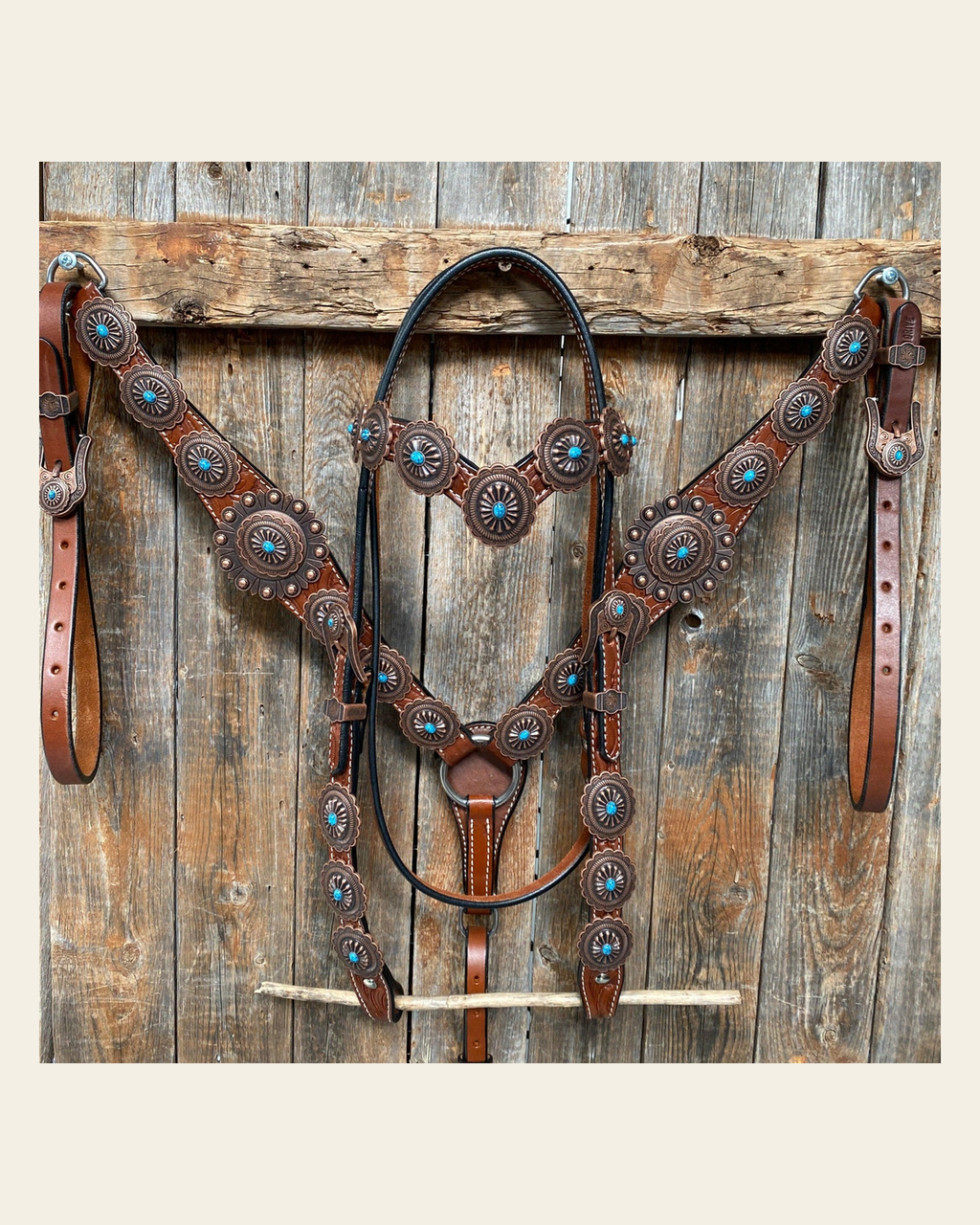 Medium Oil Navajo Style Copper Turquoise Browband & Breastcollar Tack Set #BBBC448 on a warm cream background