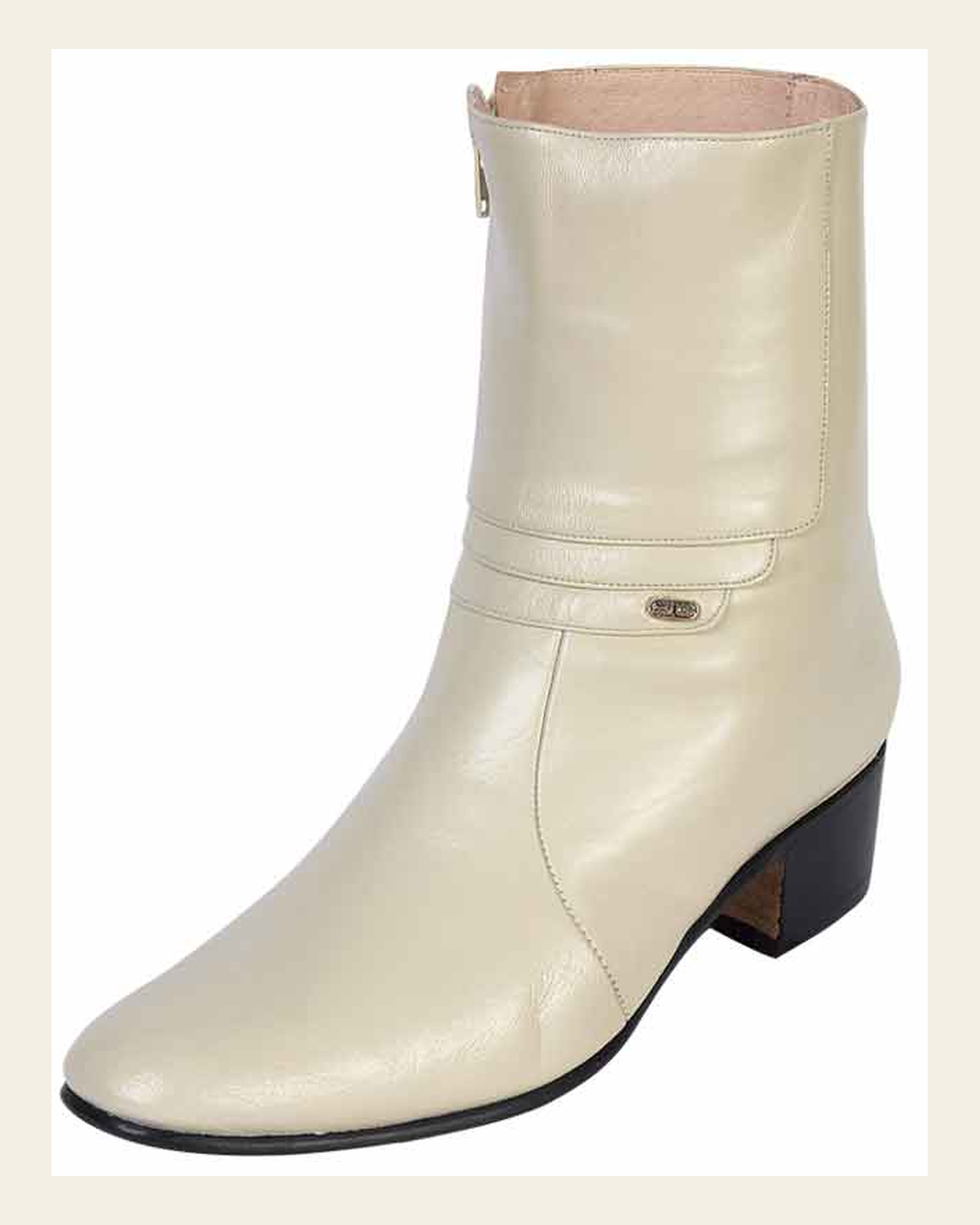 El Besserro Men's Goat Leather Charro Ankle Dress Boot- Bone White #200 on a warm cream background