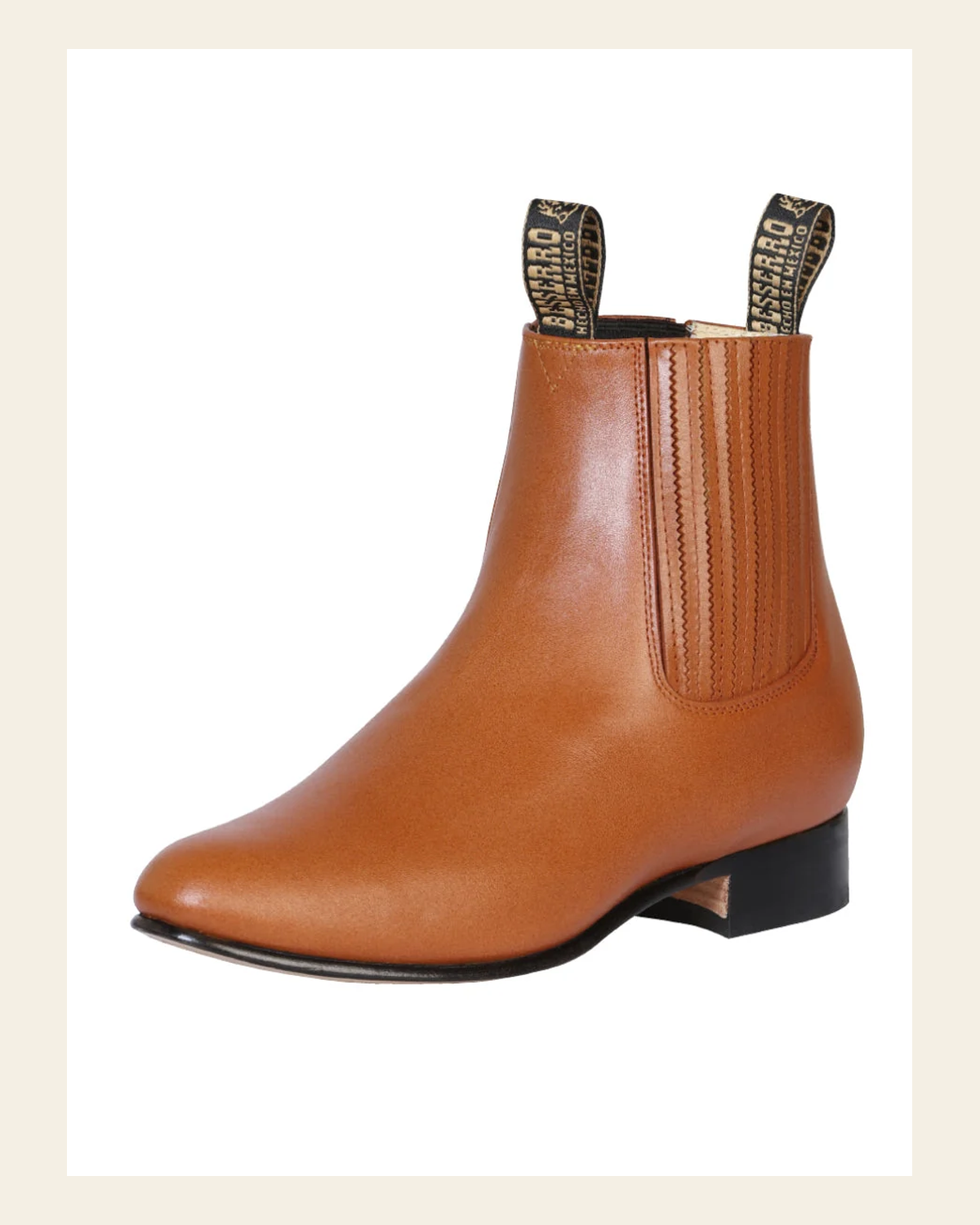 El Besserro Men's Leather Charro Ankle Boots - Made in Mexico - Brandy 1910 on a warm cream background