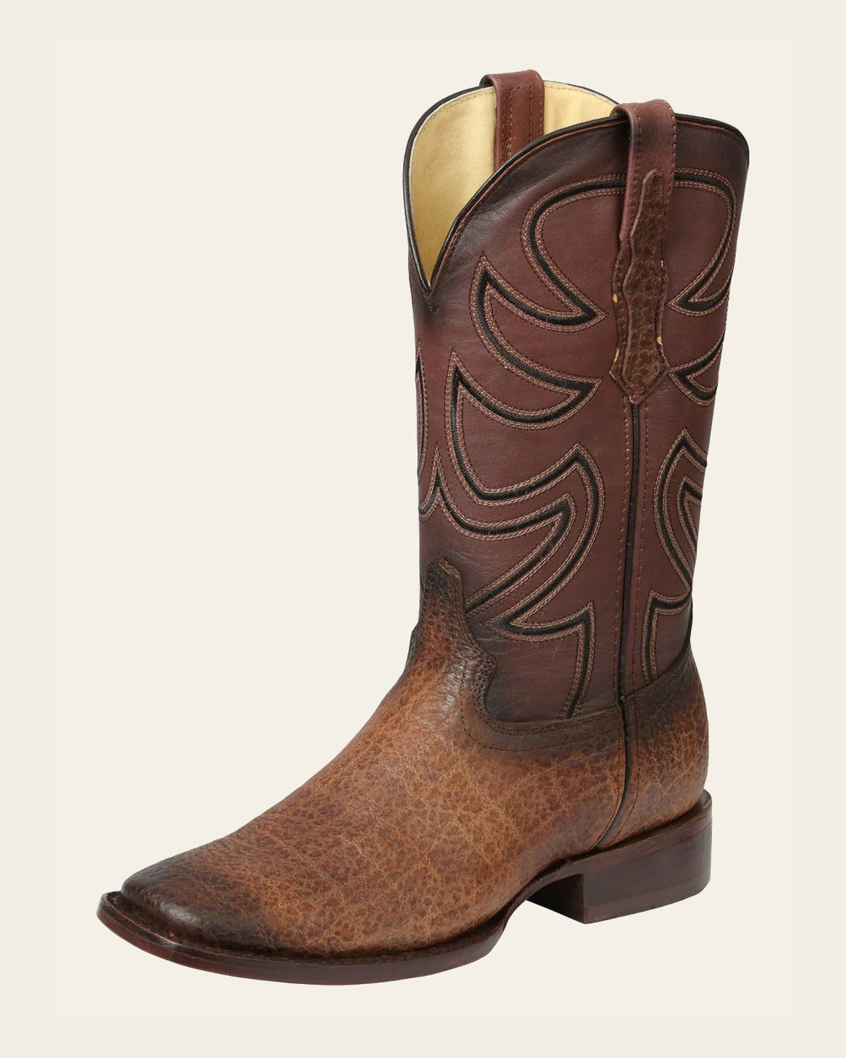 El General Men's Leather Cowboy Boot - Made in Mexico - Elephant Print Brown Tobacco 45665 on a warm cream background