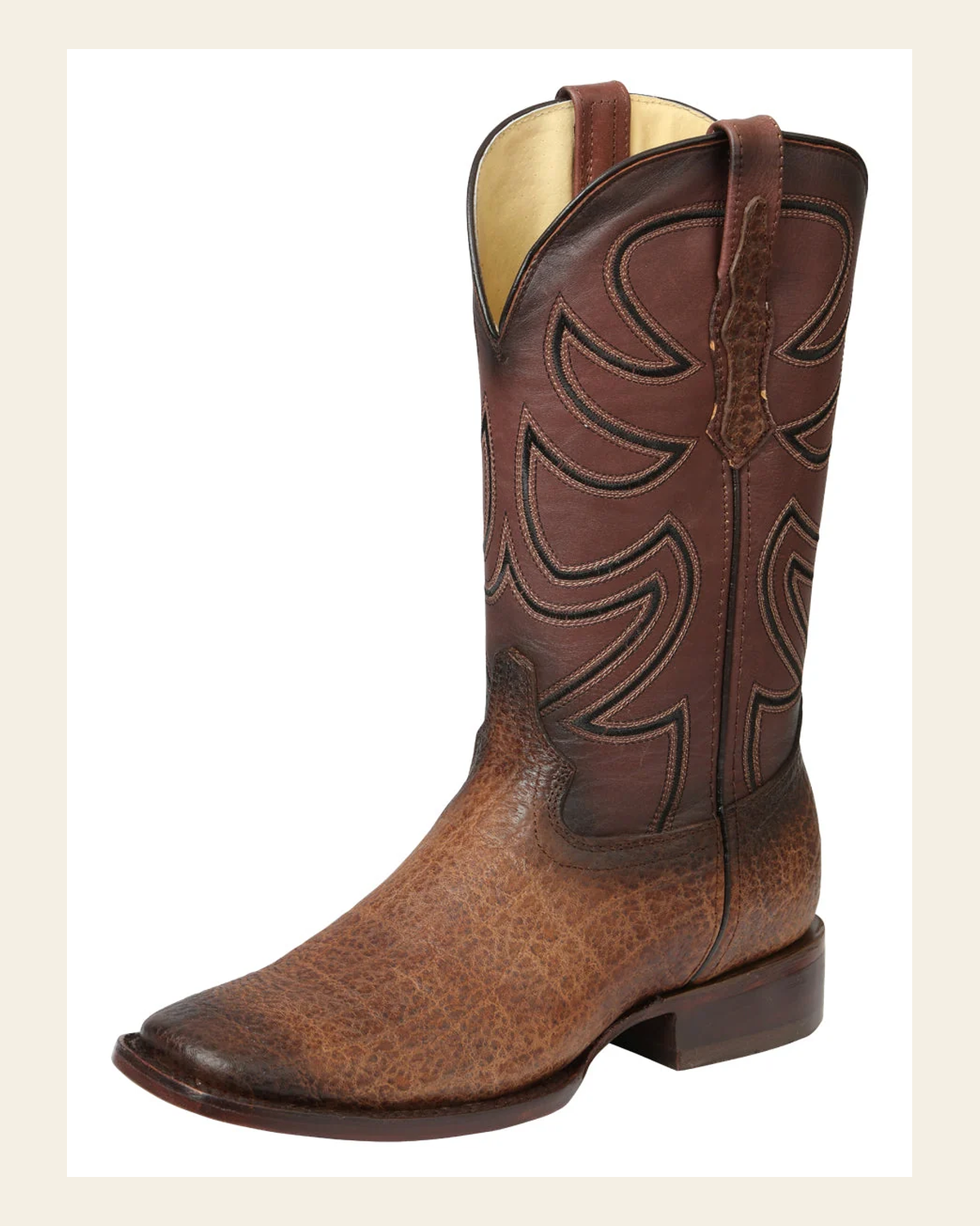 El General Men's Leather Cowboy Boot - Made in Mexico - Elephant Print Brown Tobacco 45665 on a warm cream background
