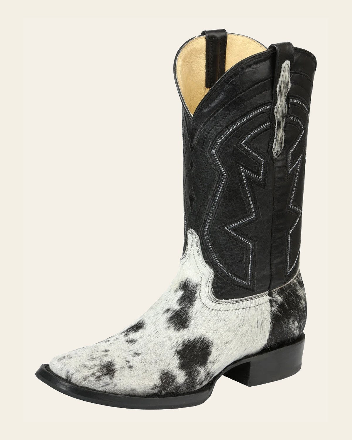 El General Men’s Leather Cowboy Boot - Made in Mexico - Black/White Cowhide 45670 on a warm cream background