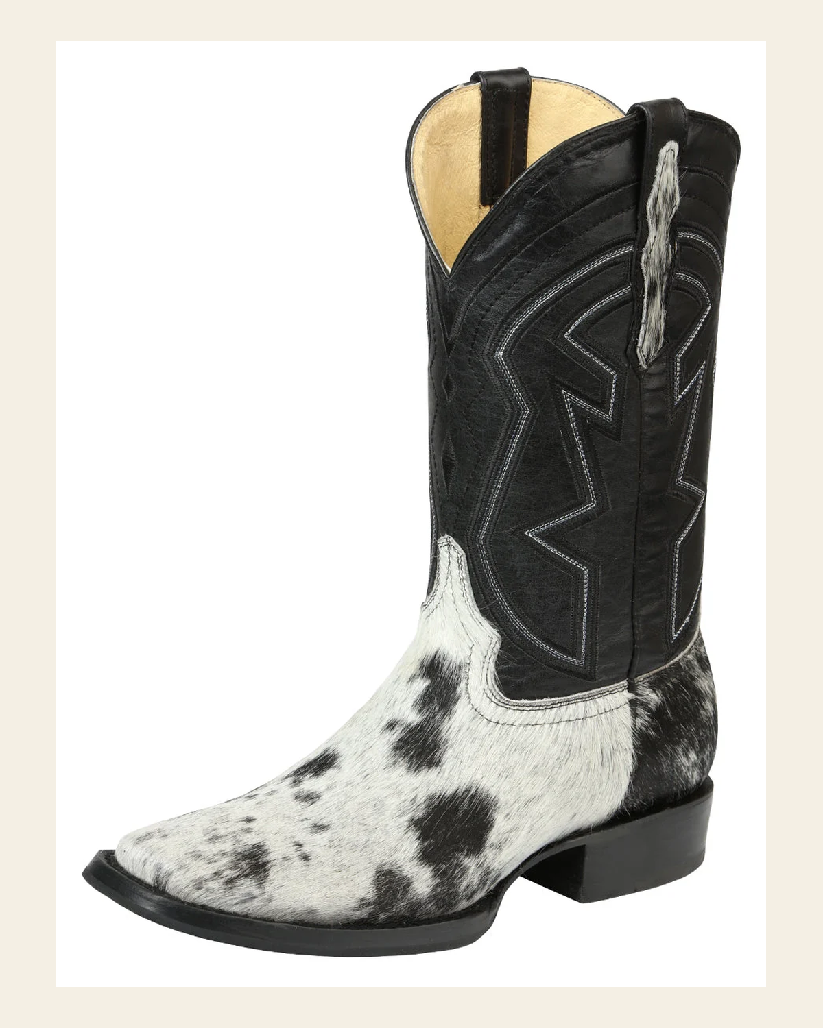 El General Men’s Leather Cowboy Boot - Made in Mexico - Black/White Cowhide 45670 on a warm cream background