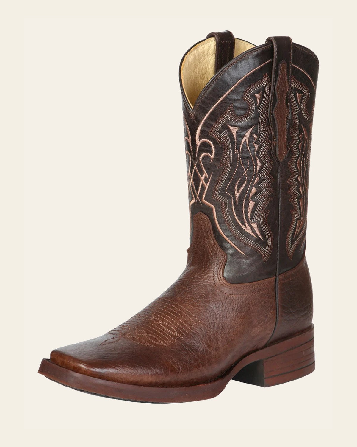 El General Men’s Leather Cowboy Boot - Made in Mexico - Brown 44655 on a warm cream background