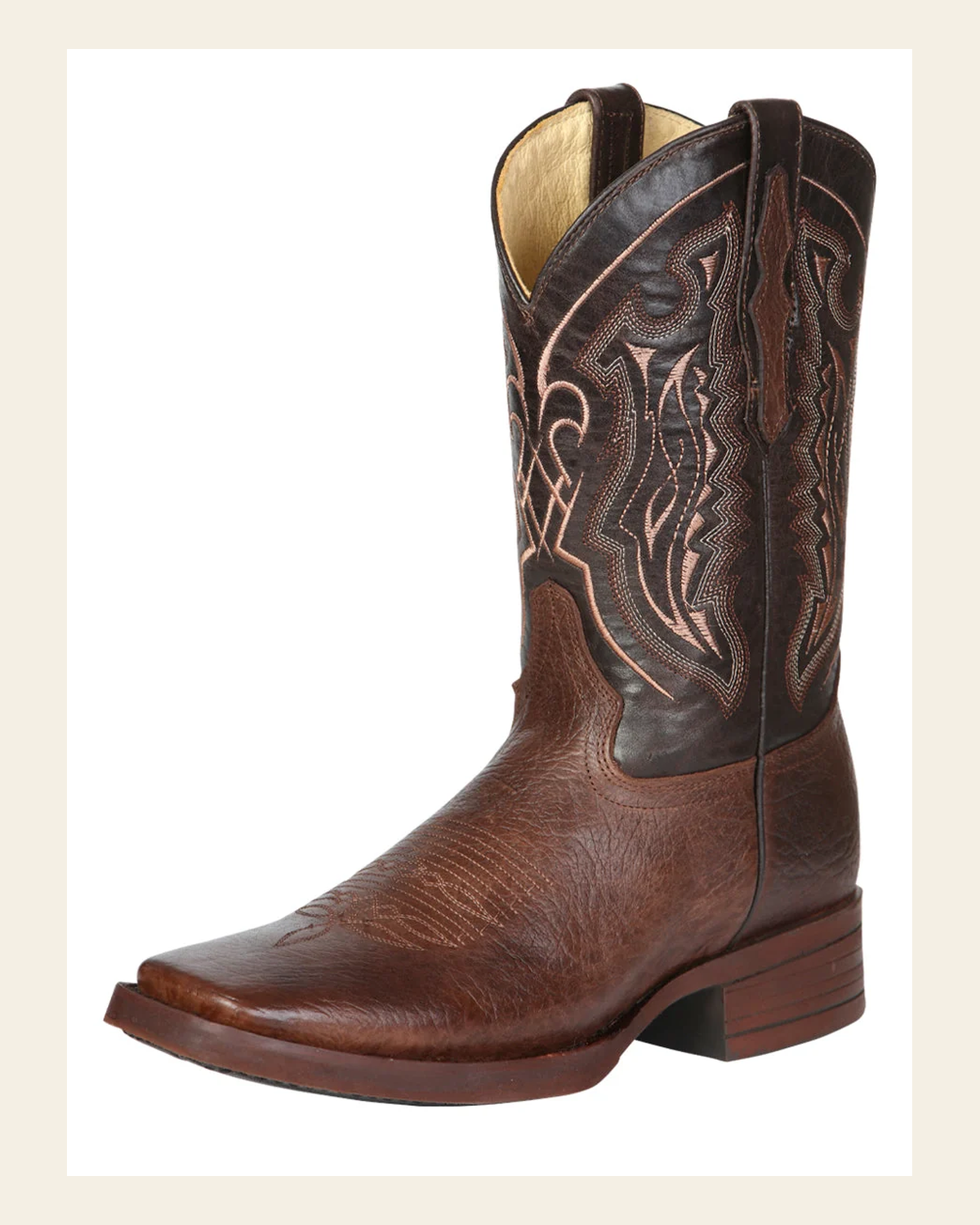 El General Men’s Leather Cowboy Boot - Made in Mexico - Brown 44655 on a warm cream background