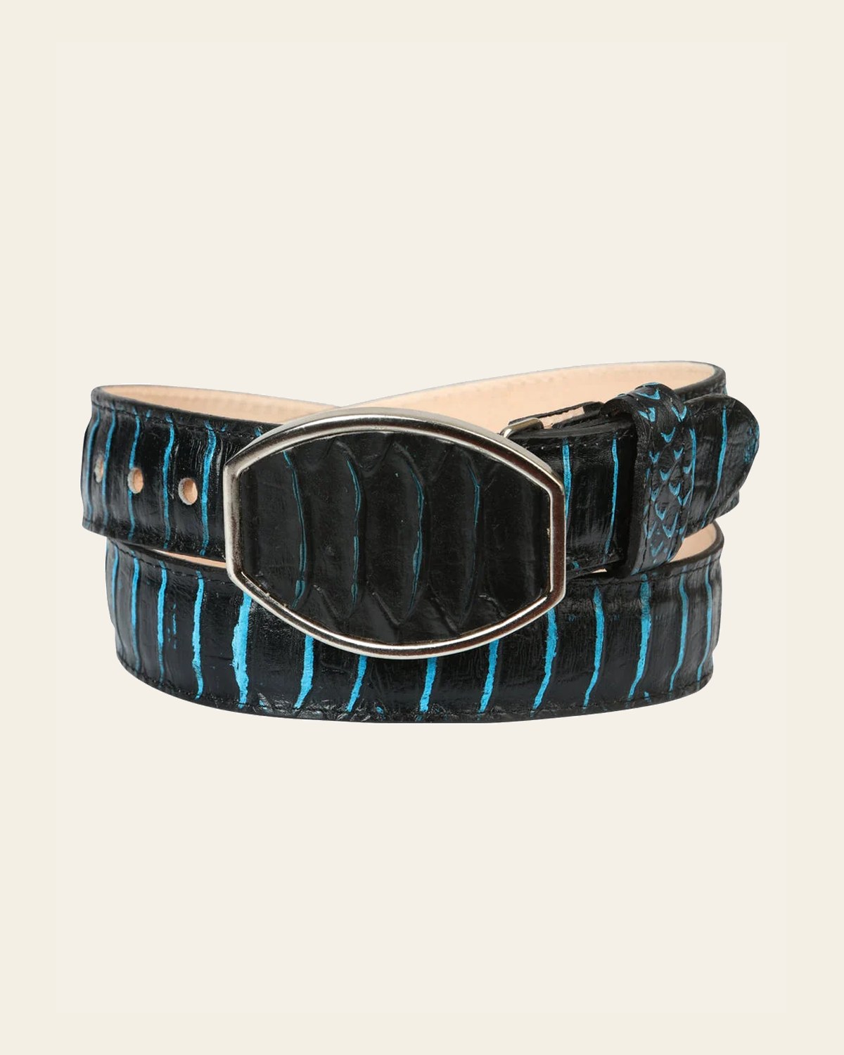 Men’s Western Belt El General Imitation Python - Black/Blue 45572 on a warm cream background