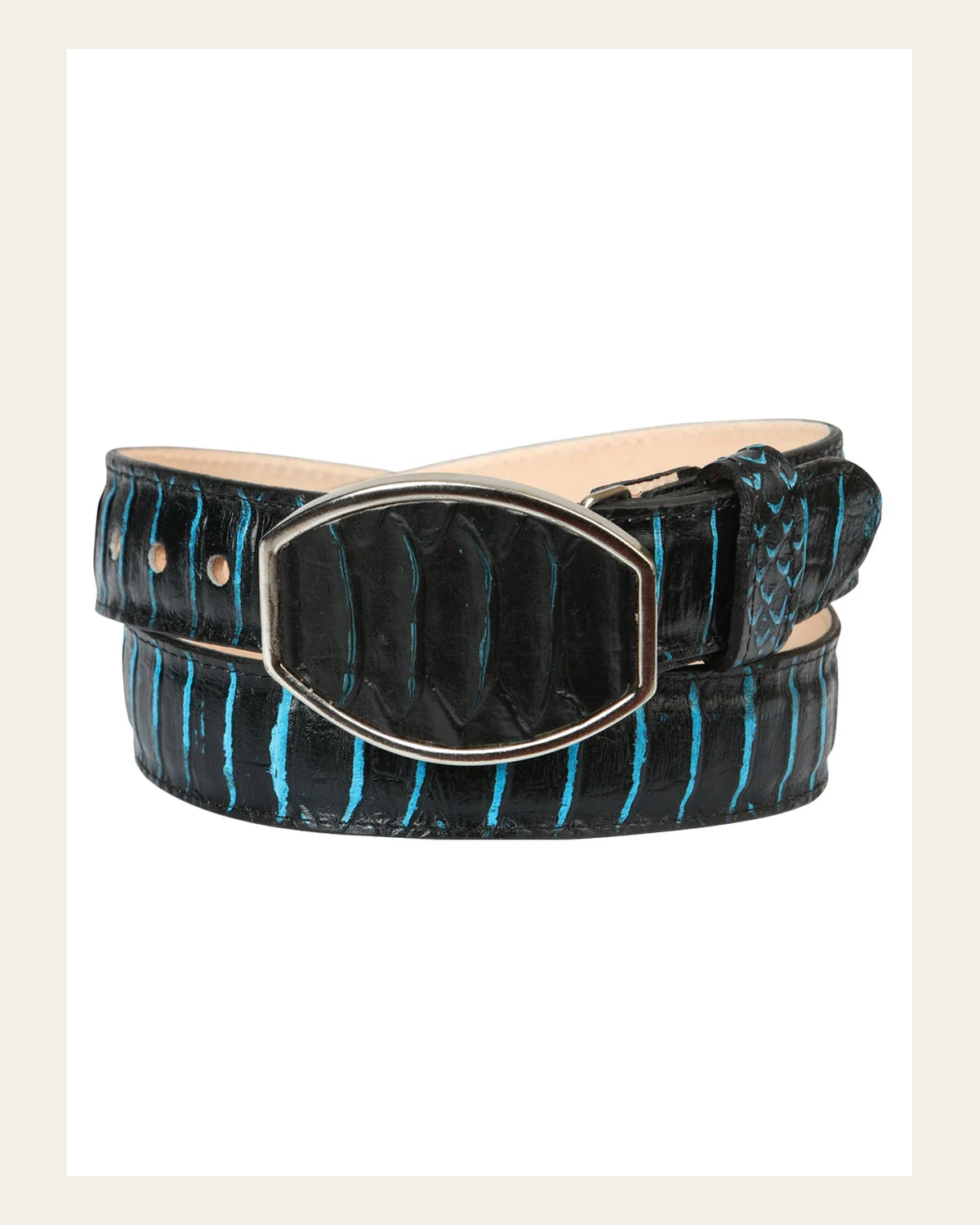 Men’s Western Belt El General Imitation Python - Black/Blue 45572 on a warm cream background