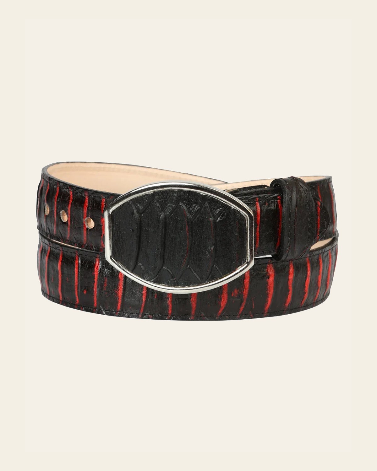 Men’s Western Belt El General Imitation Python - Black/Red 45573 on a warm cream background