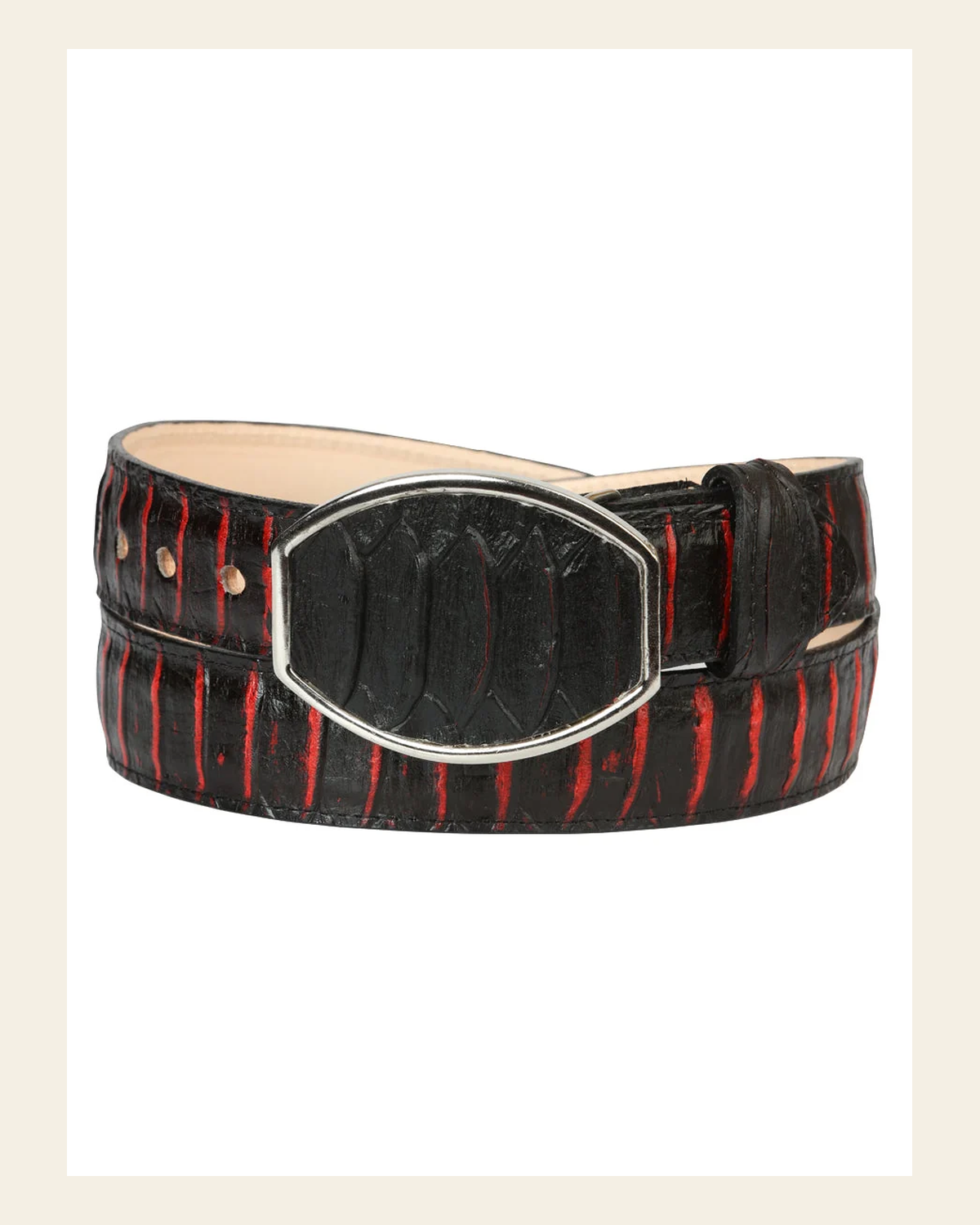 Men’s Western Belt El General Imitation Python - Black/Red 45573 on a warm cream background
