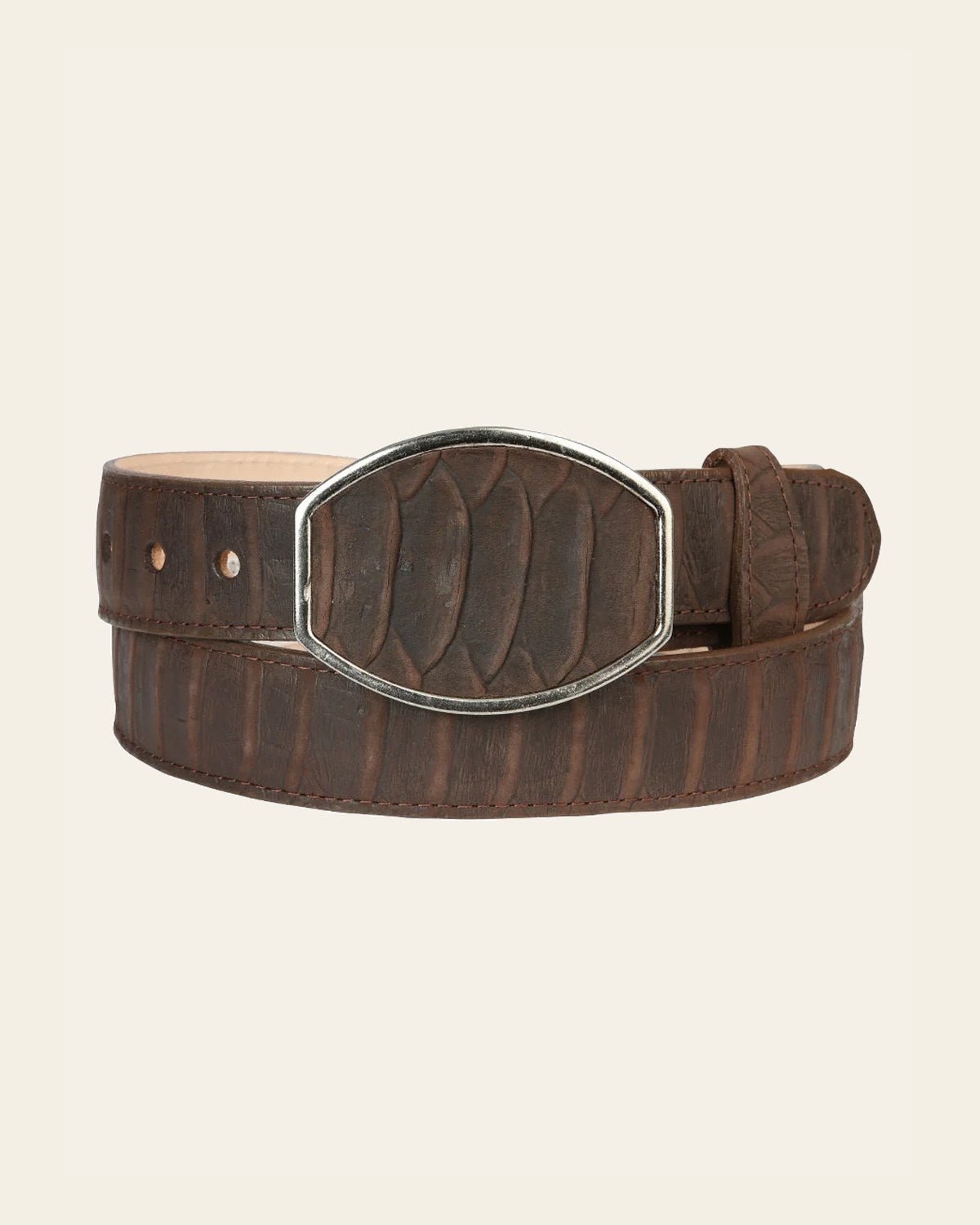 Men’s Western Belt El General Imitation Python - Brown 45570 on a warm cream background